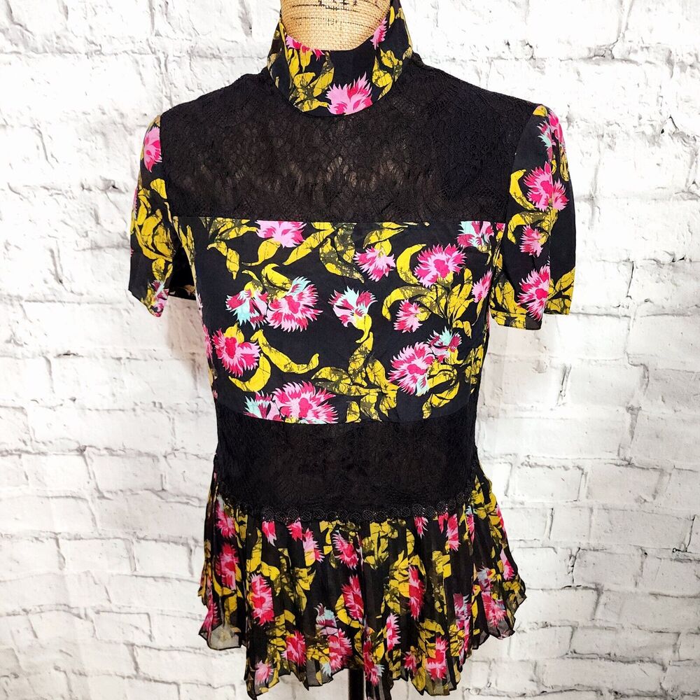 Saloni silk crepe de chine georgette top Sz 2 floral short sleeve pleated A10C